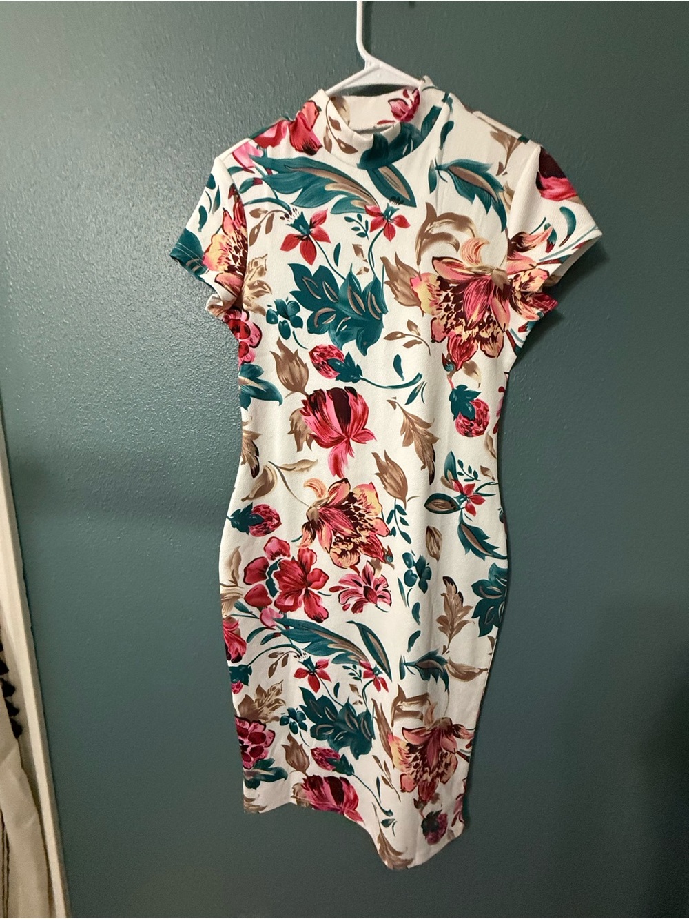 White Floral Mock-Neck Bodycon Dress - Teal & Pink